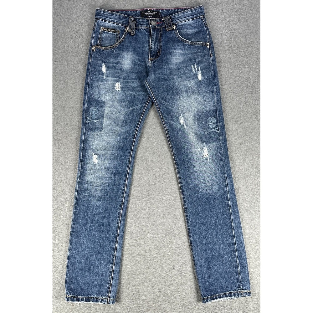 Philipp Plein Jeans Mens 32x32 Blue Straight Distressed Rip Skull Studded Rock